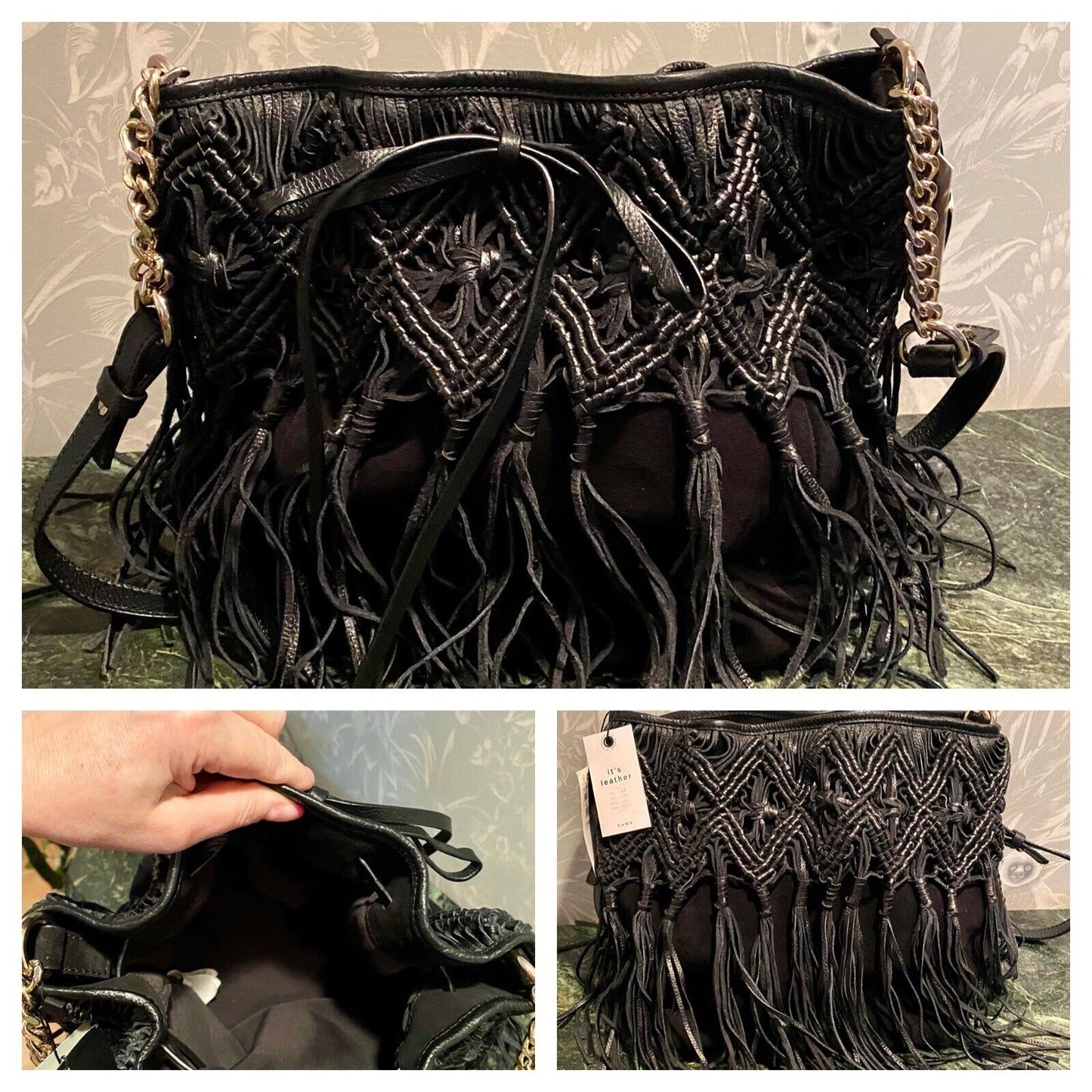 NWT ZARA Boho Fringed Top Hanging Fringe Crossbody Black Suede Festival Bag