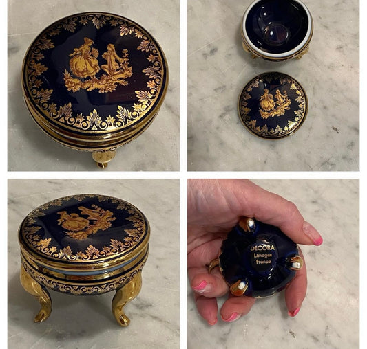 EUC Limoges Tri-legged Lidded Trinket Box “The Proposal” Vibrant Gold & Blue Enamel