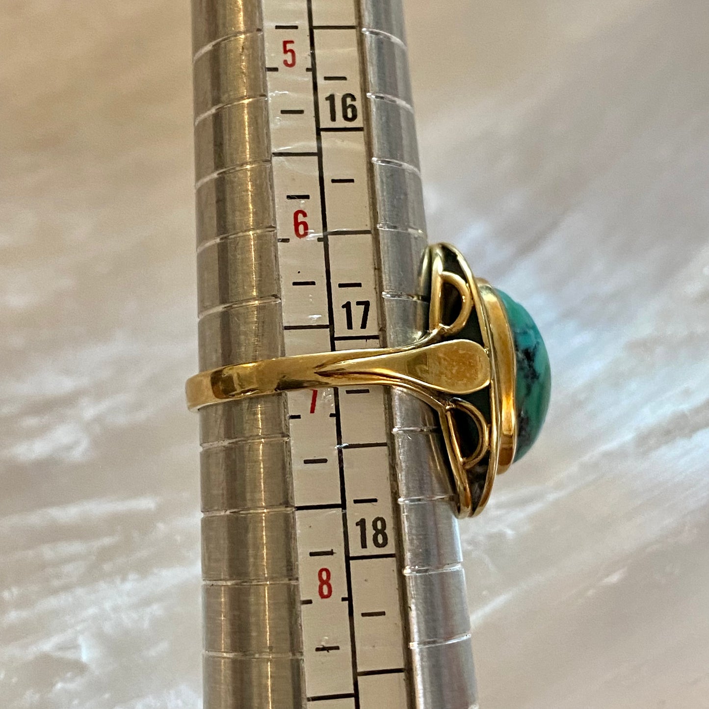 Vintage Turquoise & 14K Yellow Gold Cabochon Ring Fancy Side Gallery Circa 1950’s.