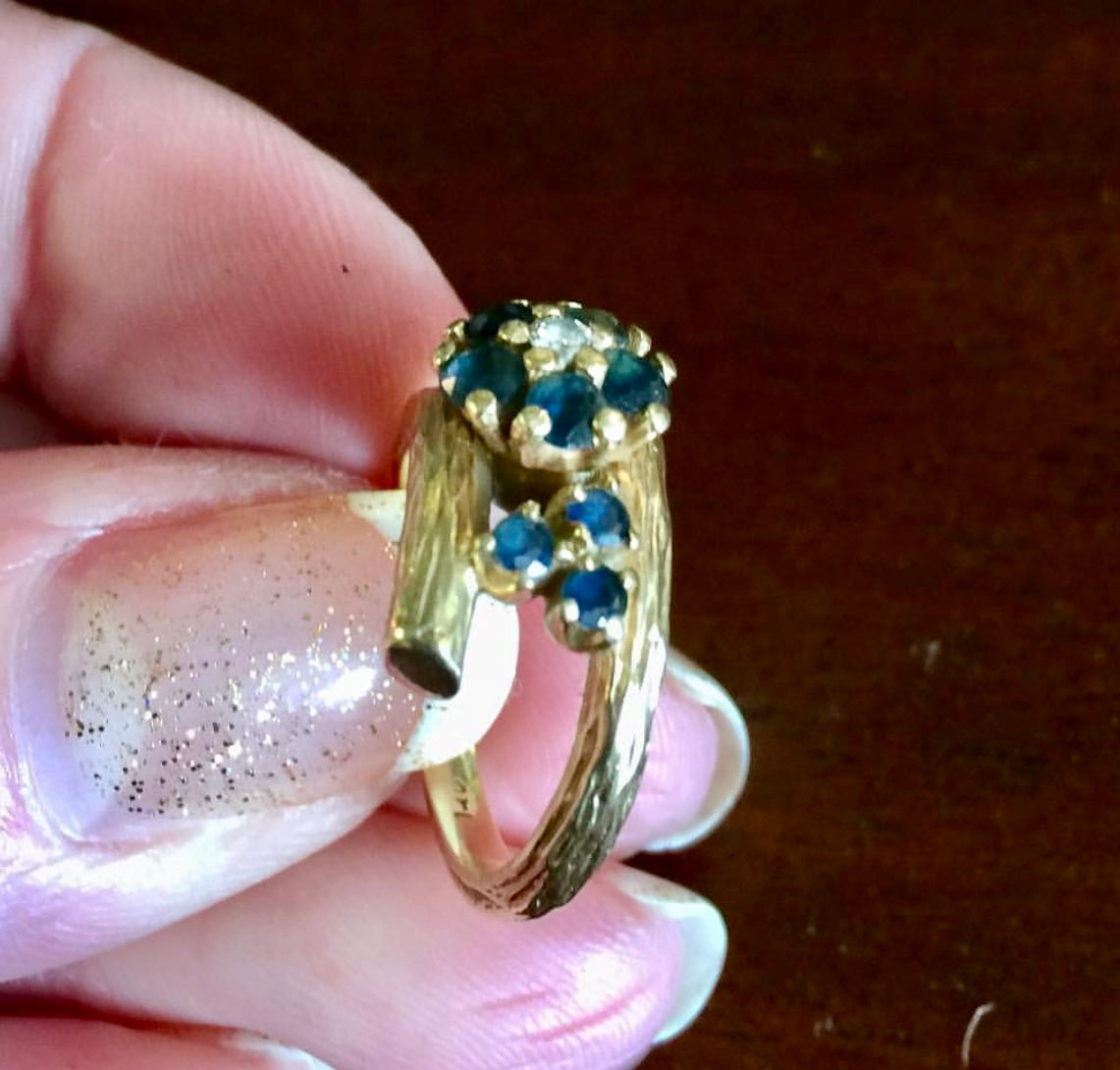 Vintage Artisan 14K Diamond & Sapphires Ring Yellow Gold Floral Style Etched sz 5.5 7.2g