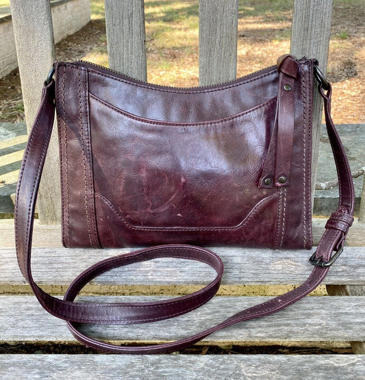 VGUC FRYE Melissa Adjustable Crossbody Handbag Deep Brown Slip Exterior Pocket Zip Close