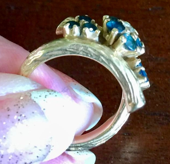 Vintage Artisan 14K Diamond & Sapphires Ring Yellow Gold Floral Style Etched sz 5.5 7.2g