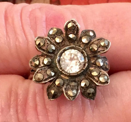 Vintage Marcasite Sterling Crystal Daisy Pinky Ring 4.5 Sizable.