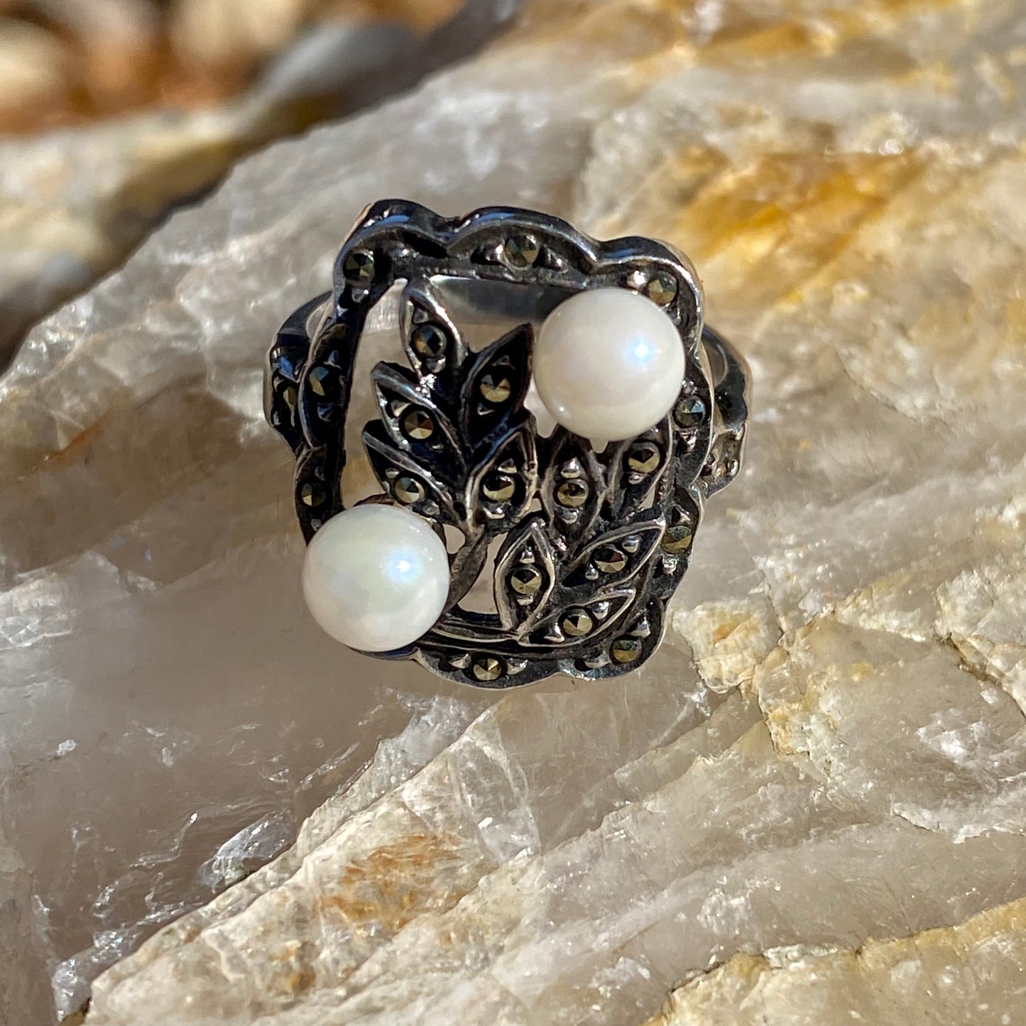 Antique Ring 1930’s Marcasite Art Nouveau style with Two 5 mm Pearls sz. 5 Sizable