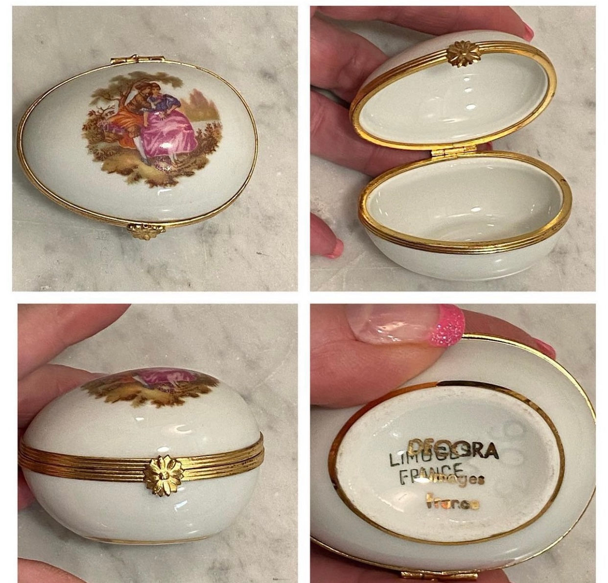 EUC Limoges Small Hinged Egg Trinket Box Lovers on Lid Horizontal Floral Clasp