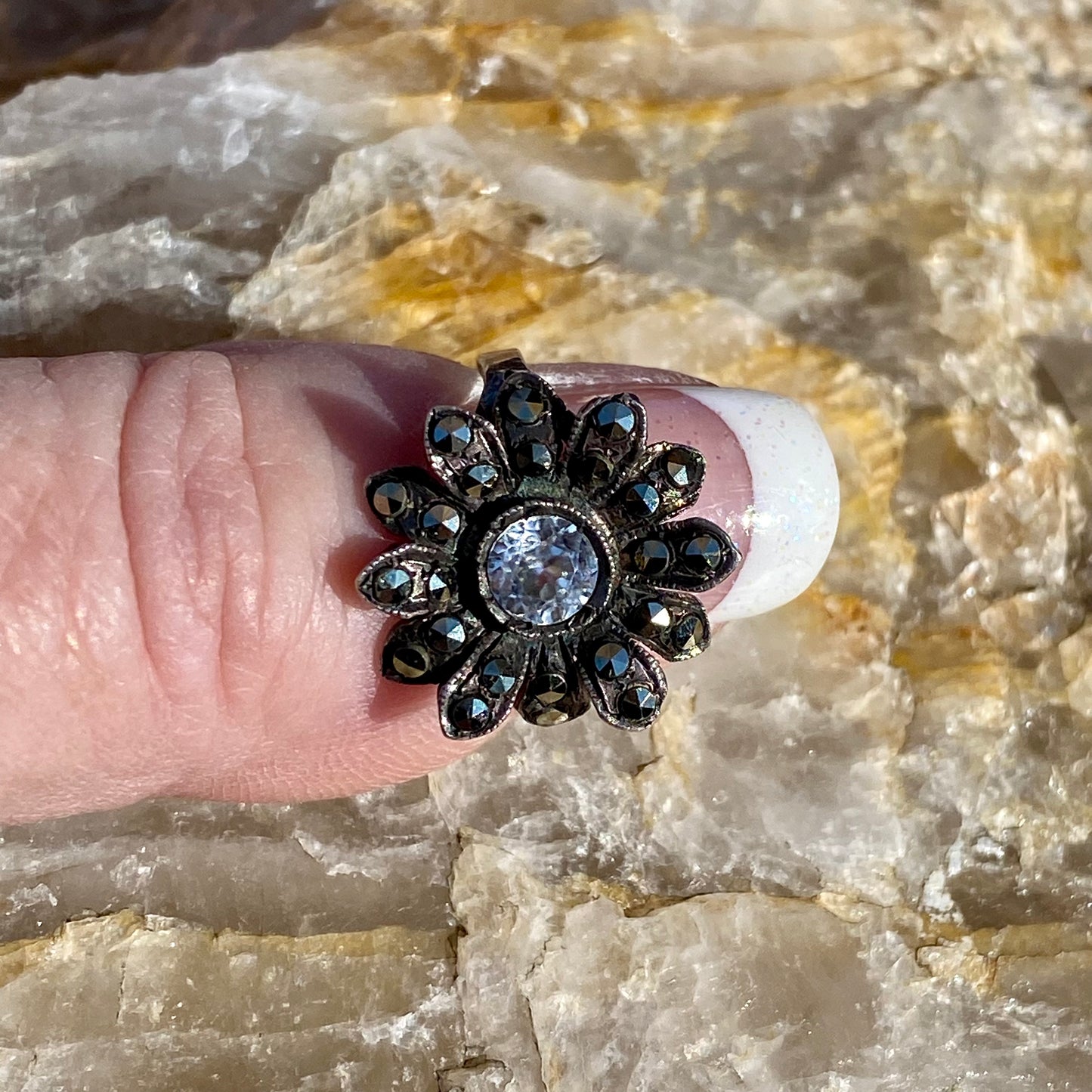 Vintage Marcasite Sterling Crystal Daisy Pinky Ring 4.5 Sizable.